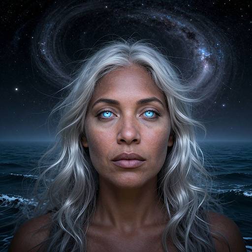 Photorealistic digital portrait of a white-haired woman with glowing blue eyes, set against a cosmic night sky and ocean background.