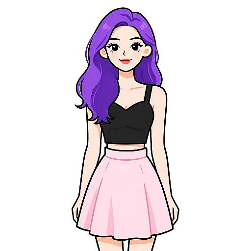 Digital anime-style drawing of a smiling woman with long purple hair, wearing a black crop top and pink skirt, against a white background.