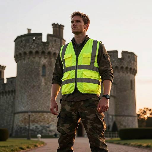 Man in High-Visibility Vest and Camouflage Pants by Castle