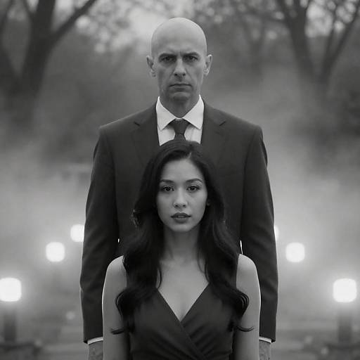 Black and White Portrait of Man and Woman in Misty Park