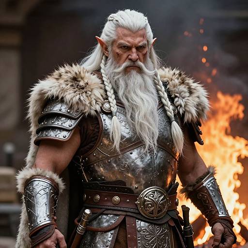 Photograph of a muscular, white-bearded, elven warrior with long braided hair, wearing metallic armor with fur trim, standing in front of