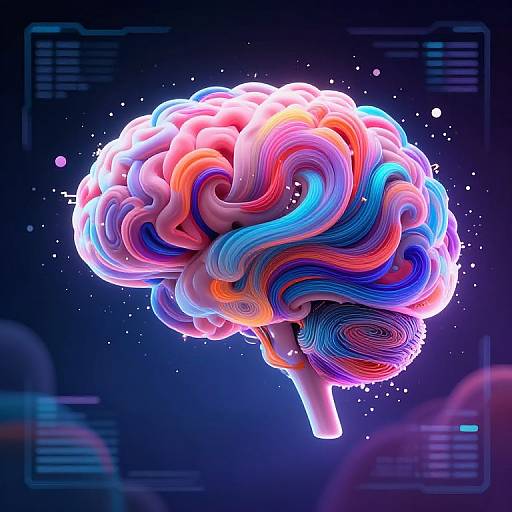 Digital CGI of a vibrant, neon-colored brain with swirling pink, blue, and purple waves against a dark, star-speckled background.