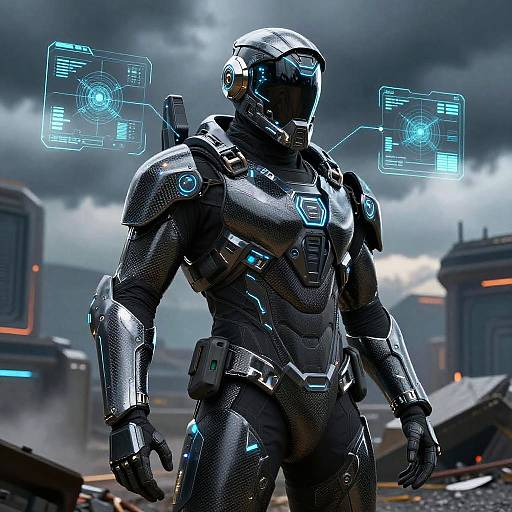 CGI image of a muscular, futuristic, armored soldier with a black helmet, glowing blue holographic interfaces, standing in a stormy, dystopian