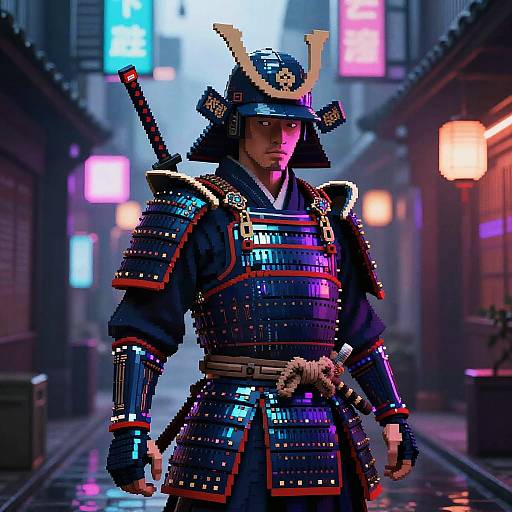 Digital art of a samurai in vibrant, reflective armor, standing in a neon-lit, foggy Japanese street at night. Background includes glowing signs