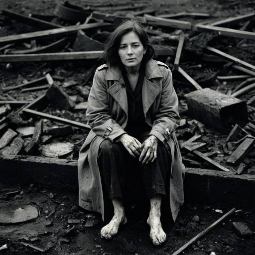 Depressed Woman in Trench Coat Sitting in Ruins
