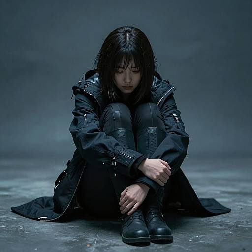 Photograph of a sad-looking Asian woman with straight black hair, wearing a black coat, pants, and boots, sitting on a gray floor against a