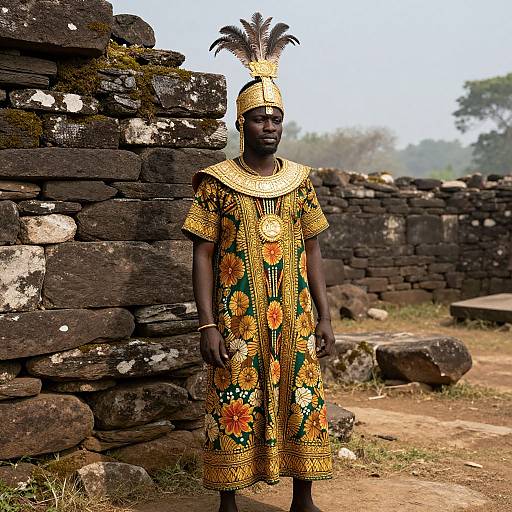 Man in Ceremonial African Attire by Ancient Stone Wall