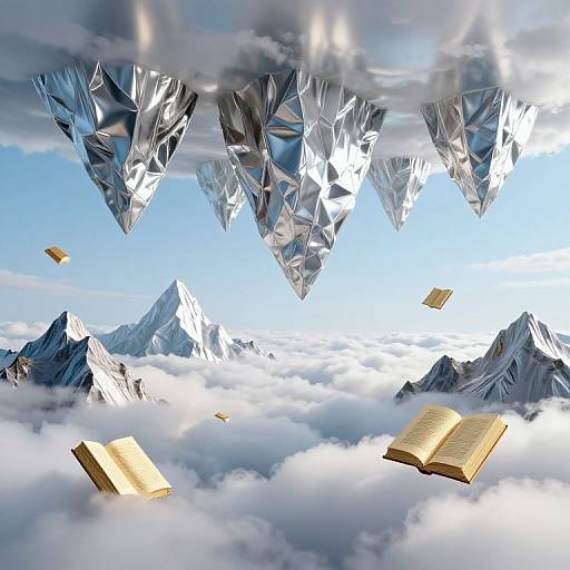Digital artwork of floating, crystalline geometric shapes above snowy mountain peaks, with glowing, open books among clouds in a bright blue sky.