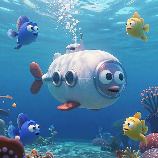 CGI underwater scene with a white, cartoon fish with big eyes, surrounded by three colorful, animated fish, and vibrant coral reef. Bright, playful