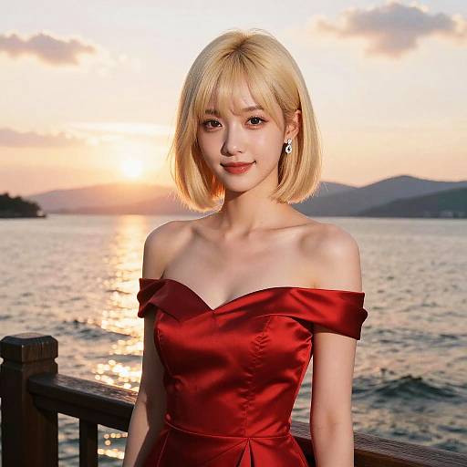 Elegant Blonde Woman at Sunset Lake