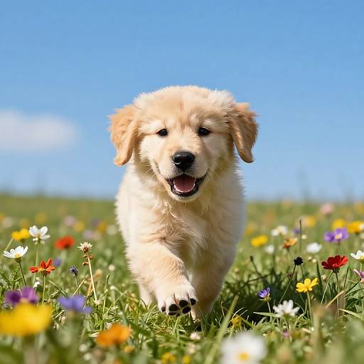 Playful Golden Retriever Puppy in Meadow