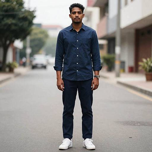 Man in Blue Shirt on Street