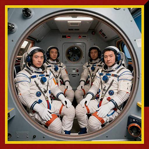 Four Astronauts in Metallic Cockpit