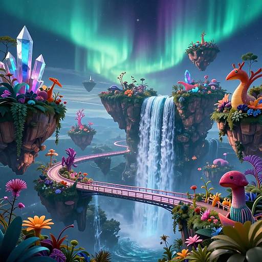 Vibrant digital fantasy landscape: floating islands with colorful crystals, a cascading waterfall, rainbow bridge, whimsical mushrooms, and playful creatures under neon