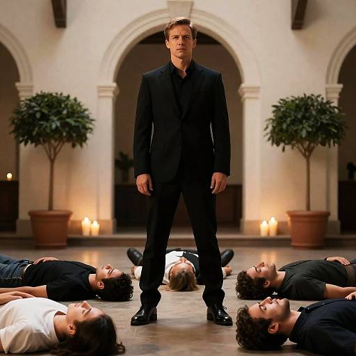 Confident Man in Suit Surrounded by People