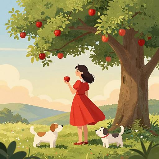 Digital illustration of a girl in a red dress under an apple tree, holding an apple, with two dogs standing nearby.