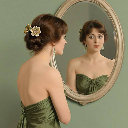 Photograph of a woman with dark brown hair in an updo, adorned with a flower clip, wearing a strapless green dress, standing before an