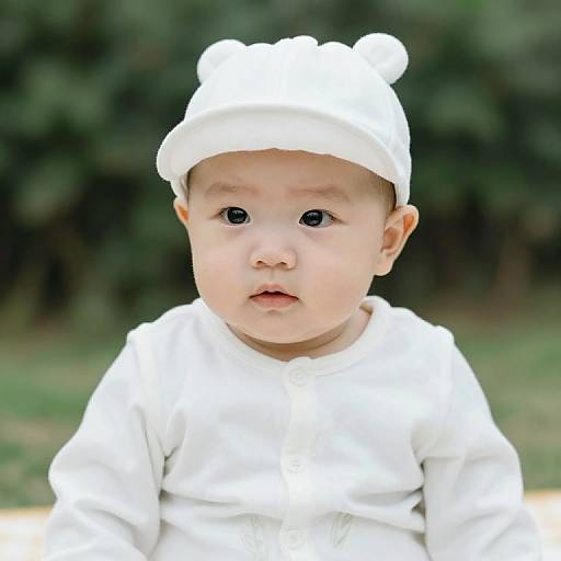 Baby in White Outfit and Hat