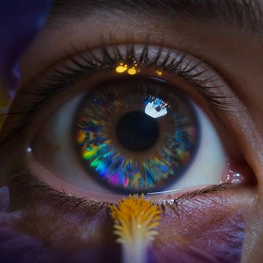 Close-up photograph of a vibrant blue and green iris with a yellow dandelion seedhead at the bottom, reflecting light and surrounded by dark eyelashes