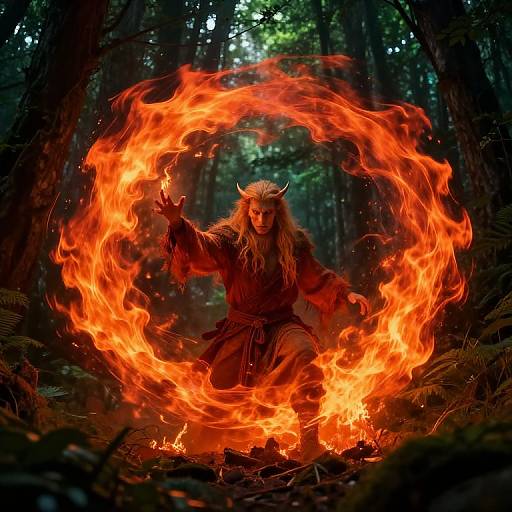 Digital artwork of a horned, fiery forest creature kneeling, conjuring a bright orange fire ring with outstretched hands, set in a dark,