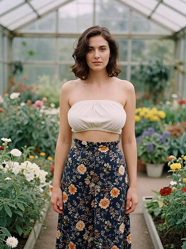 Photograph of a young woman with wavy brown hair, wearing a white strapless top and floral skirt, standing in a vibrant greenhouse filled with colorful