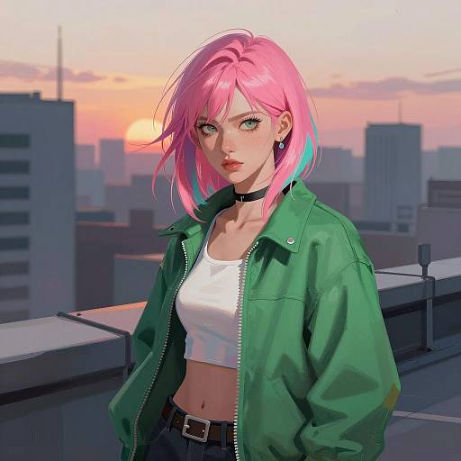 Vibrant Urban Sunset: Young Woman Art