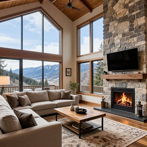 Photograph of a modern, cozy living room with large windows, stone fireplace, wooden ceiling, beige sofa, wooden coffee table, and mountain view.