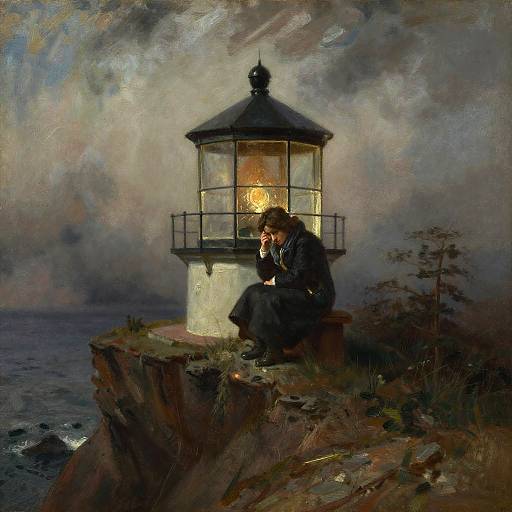 Grieving Lighthouse Keeper on Cliff