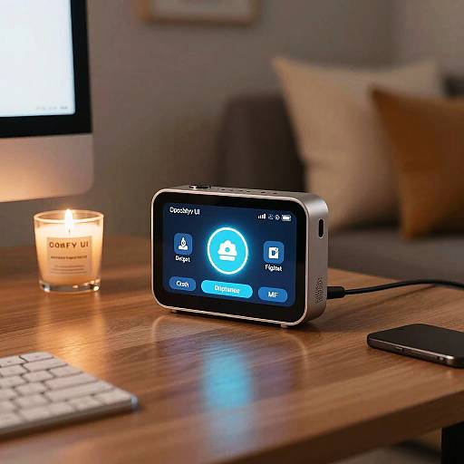 Photograph of a silver Google Chromecast on a wooden table, displaying a blue Netflix icon, with a lit candle and keyboard in the background.