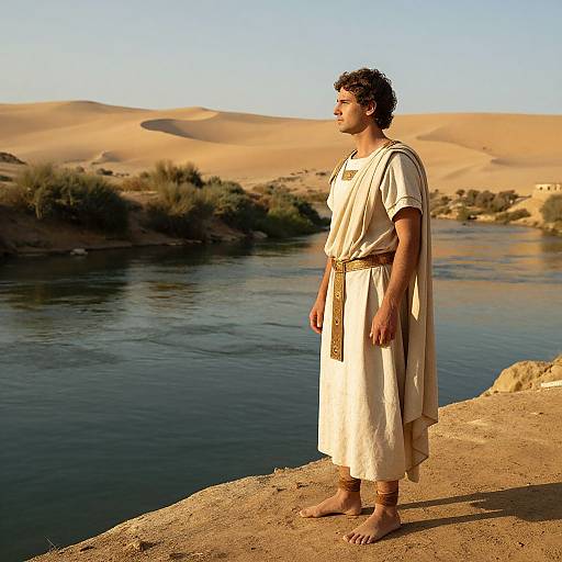 Photograph of a young Black man with curly hair, wearing a beige ancient-style tunic and sandals, standing by a river with sandy desert hills in