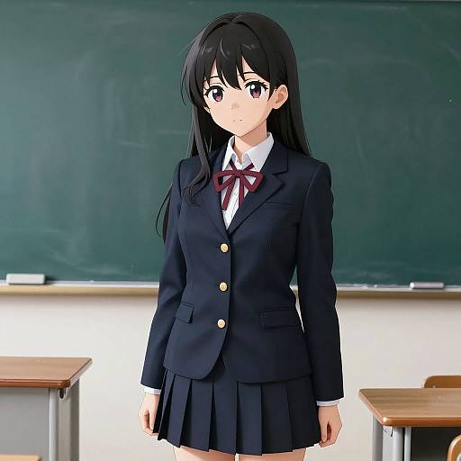 Anime-style digital drawing of a young woman with long black hair, wearing a dark navy school uniform with a red bow tie, standing in a classroom with