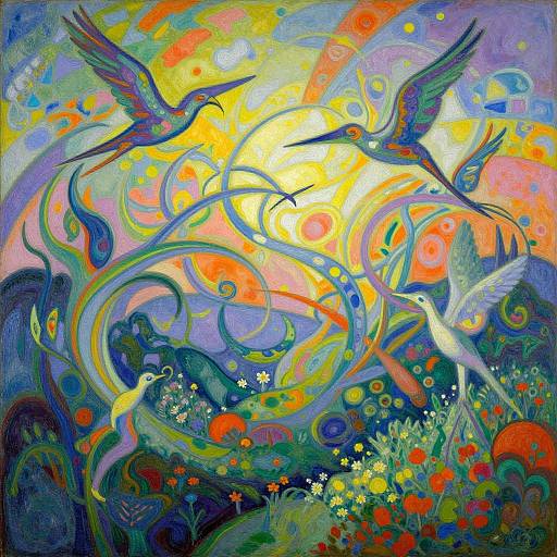 Vibrant abstract painting of two birds with swirling, colorful patterns, surrounded by flowers and a bright, glowing sun in a dreamlike forest.