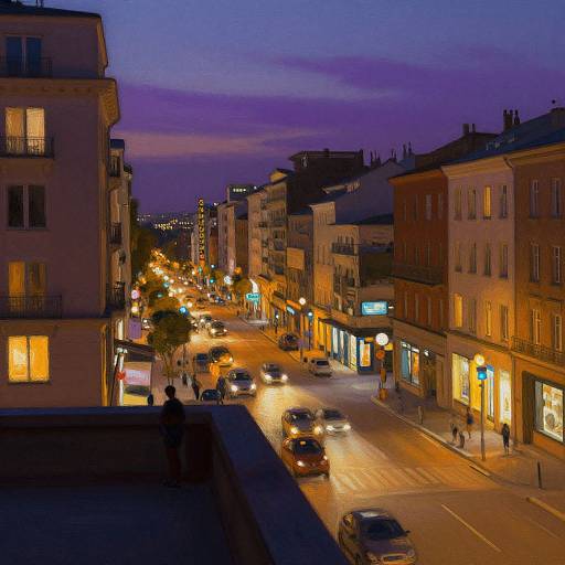 Photograph of a twilight urban street with colorful lights, illuminated buildings, moving cars, pedestrians, and a purple-blue sky.