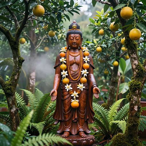 Photograph of a bronze Buddha statue adorned with orange fruits and white flowers, standing in a lush, misty orange grove.