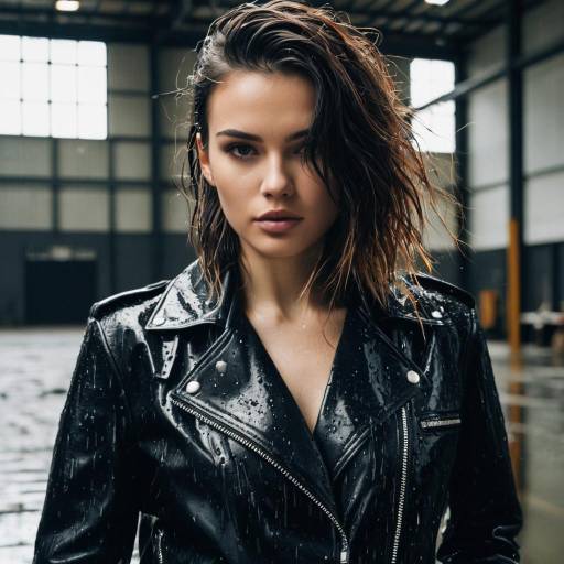 Fashion Model with Wet Look Hairstyle in Leather Jacket