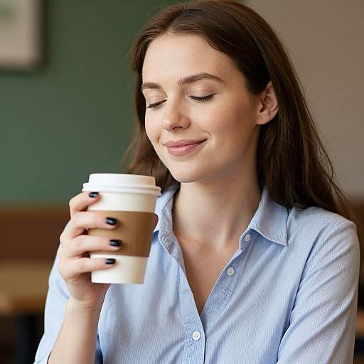 Photograph of a smiling, fair-skinned woman with long brown hair, wearing a blue button-up shirt, holding a coffee cup with brown and white