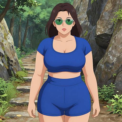 Digital anime-style drawing of a curvy woman with large breasts in blue sports outfit, green sunglasses, and dark hair, standing on a forest path.