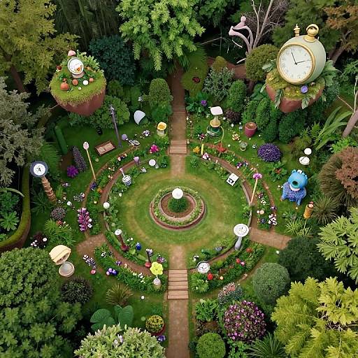 Aerial photograph of a vibrant, whimsical garden with circular flower beds, a central fountain, whimsical clock, and colorful ornaments amidst lush greenery