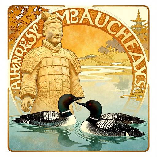 Vintage-style illustration of a stone statue of a samurai in armor with two black and white ducks in a serene lake, golden sunset background, 