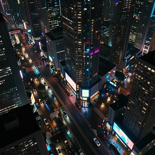 Aerial night photograph of a vibrant, neon-lit cityscape with brightly illuminated skyscrapers, colorful traffic lights, and busy streets filled with cars