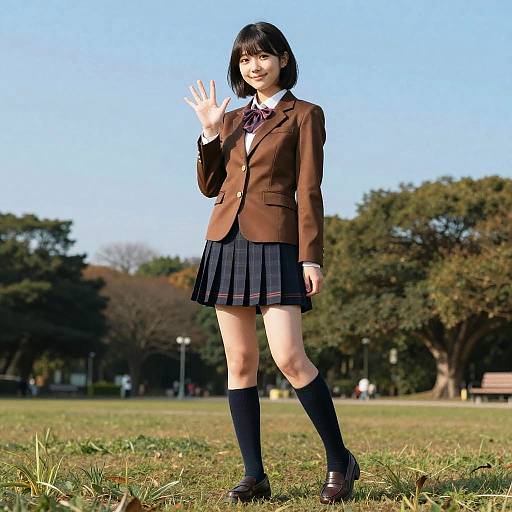 Photograph of a young Japanese woman in a brown blazer, white shirt, plaid skirt, black knee socks, and brown loafers, waving