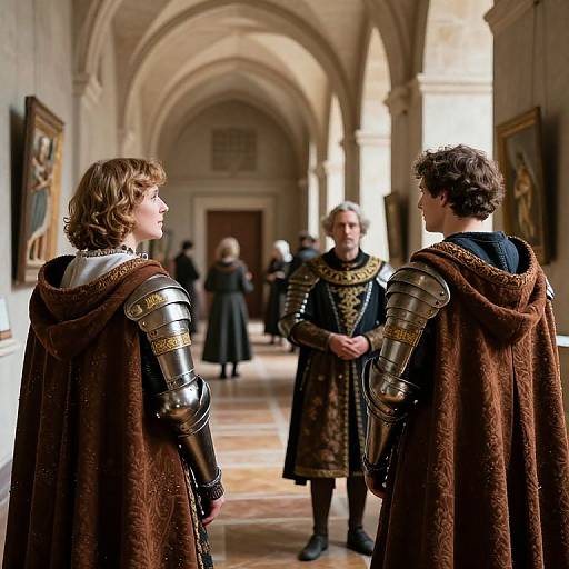 Photograph of medieval scene: two men in silver armor and brown cloaks facing a third armored man in ornate black and gold attire, in a