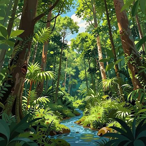 Vibrant digital illustration of a lush, sunlit jungle with a winding blue stream, tall trees, dense green foliage, and dappled sunlight