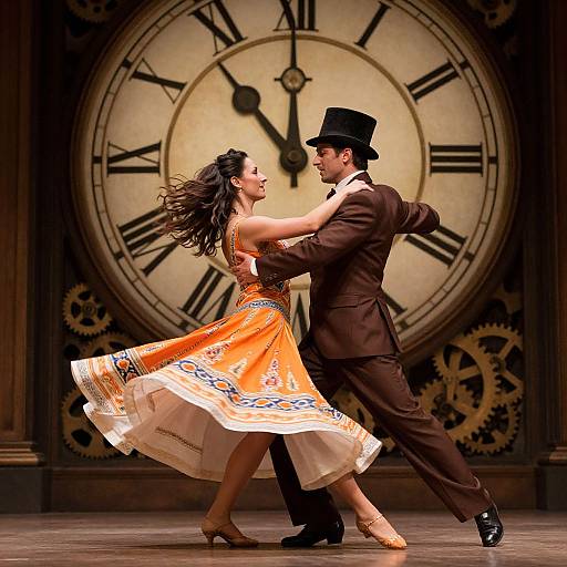Photograph of a dancing couple, woman in an orange floral dress, man in brown suit and black top hat, in front of a large clock with