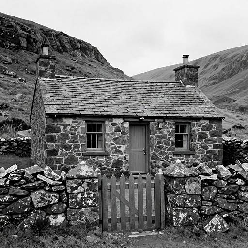 Black-and-white photograph of a small stone cottage with a tiled roof, wooden door, and gate, set against rugged hills.