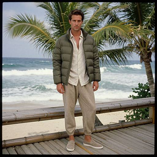 Photograph of a handsome man with short brown hair, wearing a green puffer jacket, white shirt, beige pants, and white sneakers, standing on