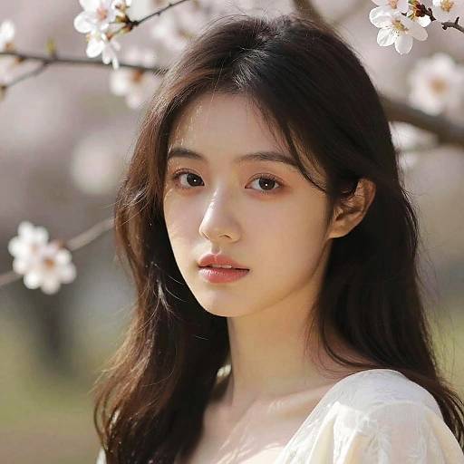 Photograph of an East Asian woman with long, dark brown hair and fair skin, wearing a white top, standing amidst blooming cherry blossoms,