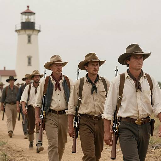 Group of Western Pioneers Marching Near Lighthouse