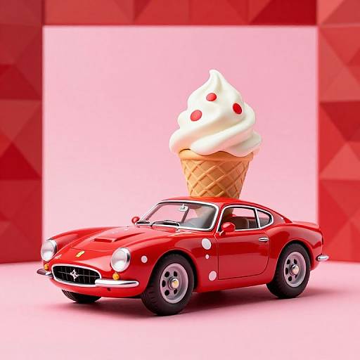 Digital illustration of a red vintage sports car with a giant, white-frosted cupcake topped with red dots, set against a red geometric patterned