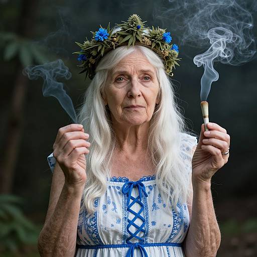 Photograph of an elderly white woman with long white hair, wearing a blue and white embroidered dress and a flower crown, smoking a cigarette with wisps